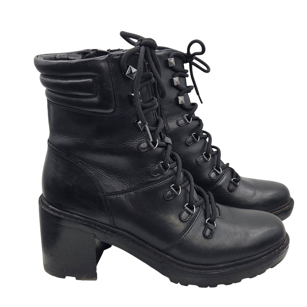 Marc Fisher Laboni Black Leather Combat Boots Block Heel‎ Side Zip Womens 9M